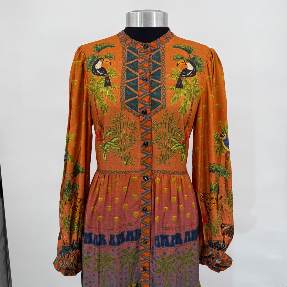 Farm Rio Est Mil Arvor Tropical Jungle Maxi Dress Orange Long‎ Sleeve Small NWT - Picture 7 of 16